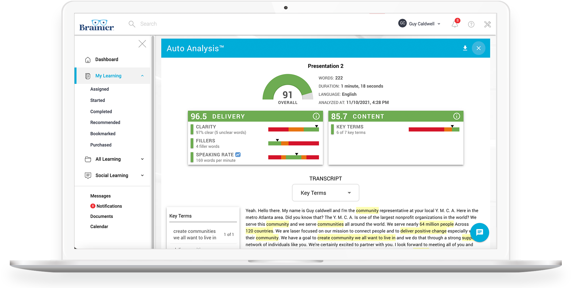 screenshot of the video coaching auto analysis section in the brainier lms